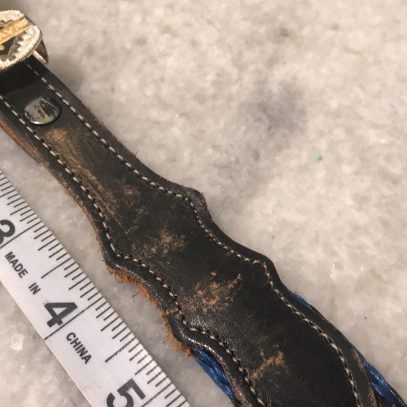 Vintage Western Belt Womens 34 Blue Woven Gold SilverTone Buckle Leather Cowgirl - Picture 13 of 13